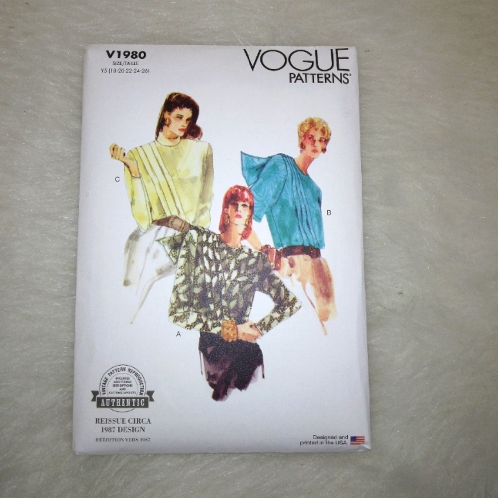 VOGUE V1980 Sz 18-26 Misses EASY blouse in 3 variations 80s Style
